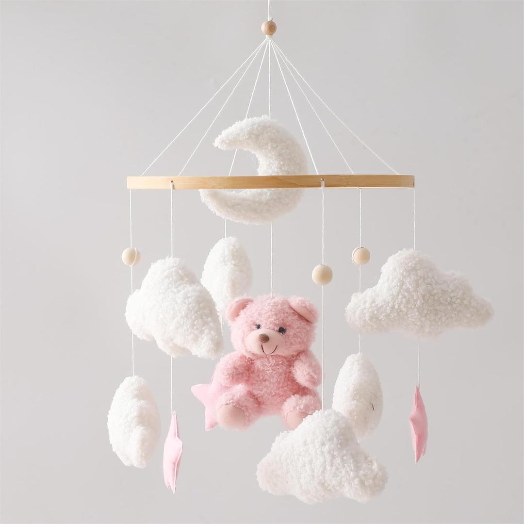 EERKEOD Baby Crib Mobile Bear Nursery Mobile for Boys Girls Teddy Velvet Mobile Nursery Decor for Infant Bedroom Hanging Baby Mobile for Bassinet Newborn Baby GiftPink Bear