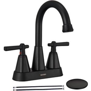 Matte Black Bathroom Sink Faucet, SBOSBO 4 Inch Bathroom Faucet for Sink 3 Hole, 2 Handle Centerset with Pop Up Drain Assembly and 2 Water Supply Hoses for RV Vanity