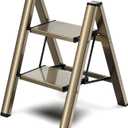 2 Step Ladder, Folding Step Stool with Wider Pedal, Anti-Slip Feet & Non Slip Stripes, Aluminum Sturdy Material, 300Lbs Capacity, Elegant Look of Champagne Gold Better Matches Your Home