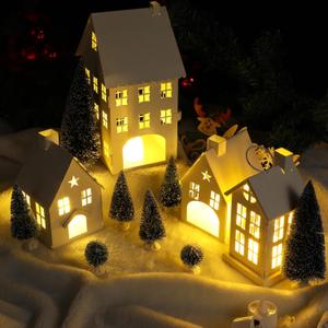 Geetery 17 Pcs Lighted Christmas White Village Houses Set Metal Christmas Village Buildings with Decorative Xmas Trees Remote Control LED Candles White House Decor(Classic Style)