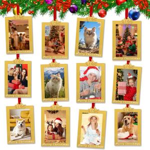 12 Pack Christmas Picture Frame Ornaments - 2x3 Inch Photo Frame Double-Sided Acrylic Hanging Photo Ornament with Red Satin Ribbon, Gold Picture Frame Ornaments for Tree, Holiday Party Home Decor
