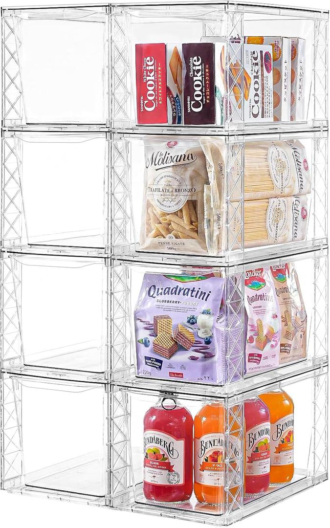 8Pack Stackable Kitchen Storage Organizer, Pantry Organizers and Storage, Clear Foods Organizer Bins with Handles, Easily Assemble for Bathroom, Kitchen, Pantry, Cabinet, Closet (Large)