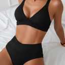 Sexy Ribbed Bikini Set 2 Piece Womens High Waisted V-Cut Cheeky High Leg Tummy Control Longline Swimsuit (Black, S)