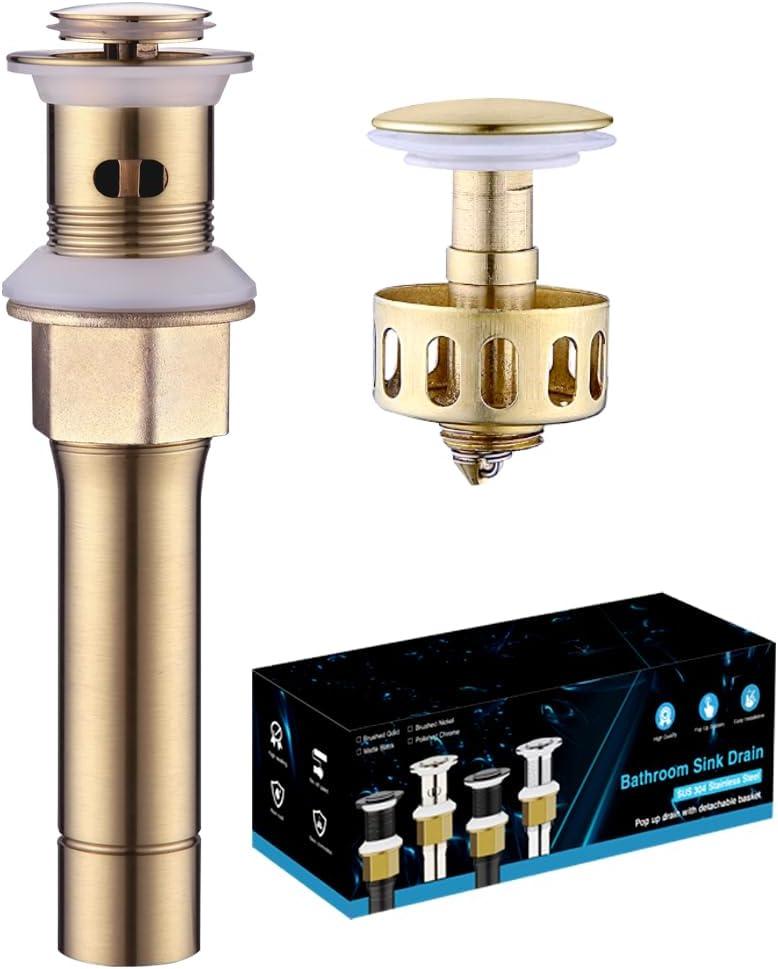 Bathroom Sink Drain with Overflow, Brushed Gold Sink Drain for Bathroom Sink, Universal Stainless Steel Gold Sink Drain, Pop Up Drain Stopper with Detachable Basket Bathroom Sink Drain with Overflow, Brushed Gold Sink Drain for Bathroom Sink, Universal Stainless Steel Gold Sink Drain, Pop Up Drain Stopper with Detachable Basket