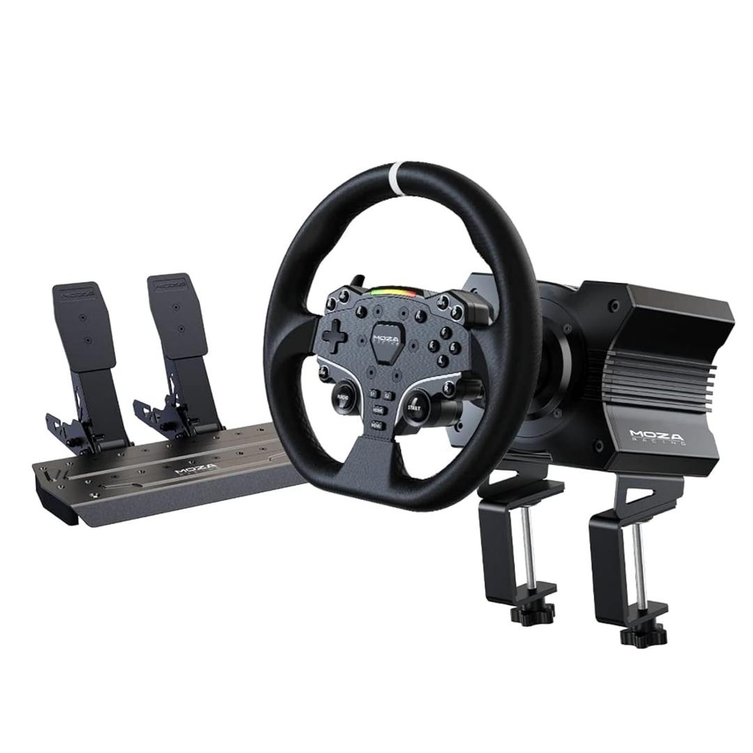 MOZA R5 Wheel and Pedals Kit Racing Simulator 5.5Nm Direct Drive Wheelbase,Unbeatable Rigid & Durable 11-Inch ES Racing Wheel SR-P Lite Dual Pedal and Desk Clamp All-in-One