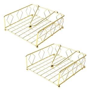 Large Flat Cocktail Napkin Holder with Weighted Arm, 2 Pcs-Hollowed-Out Gold, Tissue Paper Dispenser for Cocktail, Kitchen, Restaurant, Home, Dinner, Outdoor, Table (7"x 7"x 2.8")