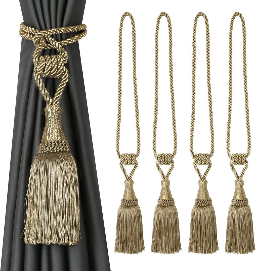 BEL AVENIR Curtain Tiebacks Handmade Holdbacks for Curtains Drape Decorative Tie Backs with Tassels(Gold, 4 Pack)