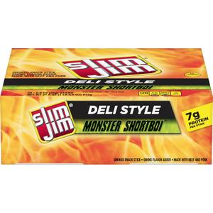 Slim Jim Monster Shortboi Smoked Meat Sticks, Deli Style Original Flavor, 7g Protein Per Stick, Snack Size, 0.9 oz. (24 Count)