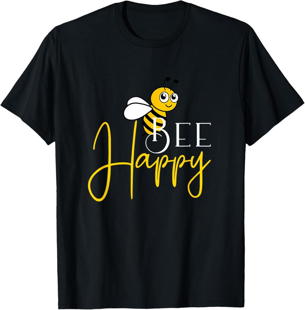 Bee Happy T-Shirt Black Small Crew Neck Comfort