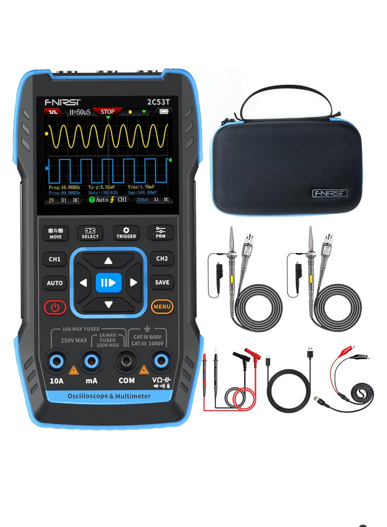 FNIRSI 2C53T Upgraded Handheld Oscilloscope, 50MHz Bandwidth, 3IN1 Digital Oscilloscope Multimeter DDS Generator, 250MS/s Sampling Rate, 19999 Counts, Voltage, Current, Capacitor, Resistor, Diode Test