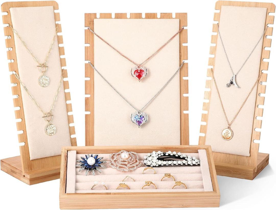 Henoyso 4 Pcs Necklace Display Stand Bamboo Jewelry Display Board Ring Organizer Holder Jewelry Storage Tray for Home Vendors