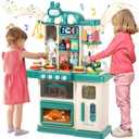 47PCS Kids Kitchen Playset with Sound & Light, Cooking Stove with Steam, Play Sink and Toy Kitchen Accessories - Pretend Kitchen Play Food Toys for Boys and Girls, Toddler Kitchen Set (Green)