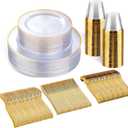 SUT 150 PCS Gold Plastic Plates, Disposable Clear Gold Dinnerware Set with Cups, Includes: 25 Dinner Plates, 25 Dessert plates, 25 Cutlery, 25 Cups, Prefect for Party, Wedding & Shower