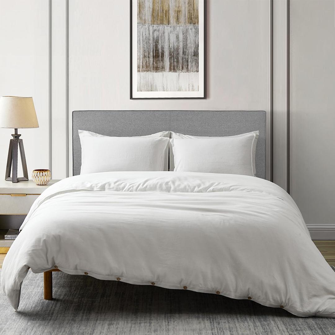 DAPU Linen Duvet Cover King, Washed Lightweight Bedding Set with Buttons Closures, 3 PCs Hypoallergenic Soft Linen Cotton Blend Duvet Cover Set with Multiple Corner Ties (Off-White/Cotton Linen, King)