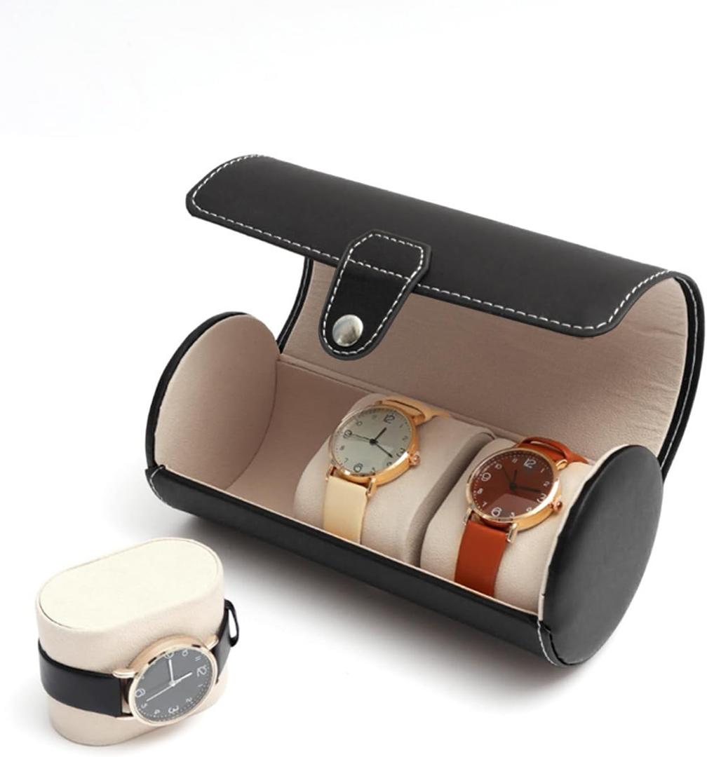 3 Slots Watch Box, PU Leather Watch Case Portable Watch Roll Travel Case for Men and Women, Vintage Watch Display Case with Detachable Pillows for Watch (black)