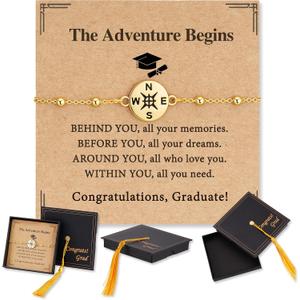 2026 Graduation Bracelet for Her-14K Gold/Silver Plated Compass Bracelet with Grad Cap Gift Box Graduation Gift for Middle High School College Graduates