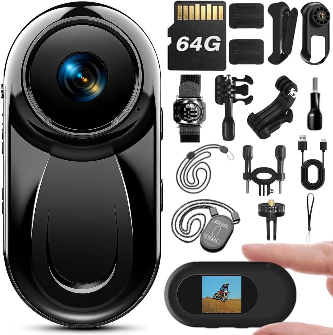 Upgraded 1080P Mini Body Cameras with Audio and Video Recording, POV Camera, Thumb Size Sport Action Camera, Hand Free Camcorder for Cycling,Travel,Pet,Vlogging(64GB), Black
