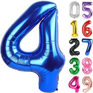 Metallic Blue Number 4 Balloon 40 Inch, 4th Birthday Party Decorations for Children, Giant 4 Foil Balloon for Party Supplies