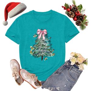 Christmas Shirts for Women Christian Bow Christmas Tree Tshirts Xmas Holiday Religious Tee Tops (XL, Cyan)