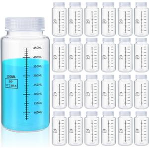 Tatuo 24 Pcs 16 oz 500 ml Polypropylene Plastic Sample Bottles with Screw Caps Sample Containers with Lid for Liquids, Reagent, Pill, Travel, Laboratory, Storage at Home(Wide Mouth-dark Scale)