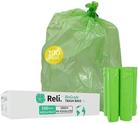 Reli. Biodegradable 40-45 Gallon Trash Bags | 100 Count | ASTM D6954 | Green | Eco-Friendly | Oxobiodegradable Under Certain Conditions (See Product Description)