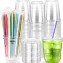 50PCS 12 oz Clear Plastic Cups with Lids and Colorful Straws, Round Bottom Disposable To Go Iced Coffee Smoothie Juice Boba Cups, PET Party Cups for Holiday, Birthdays, Picnics, Takeut, Office (EXP 11/28/35)