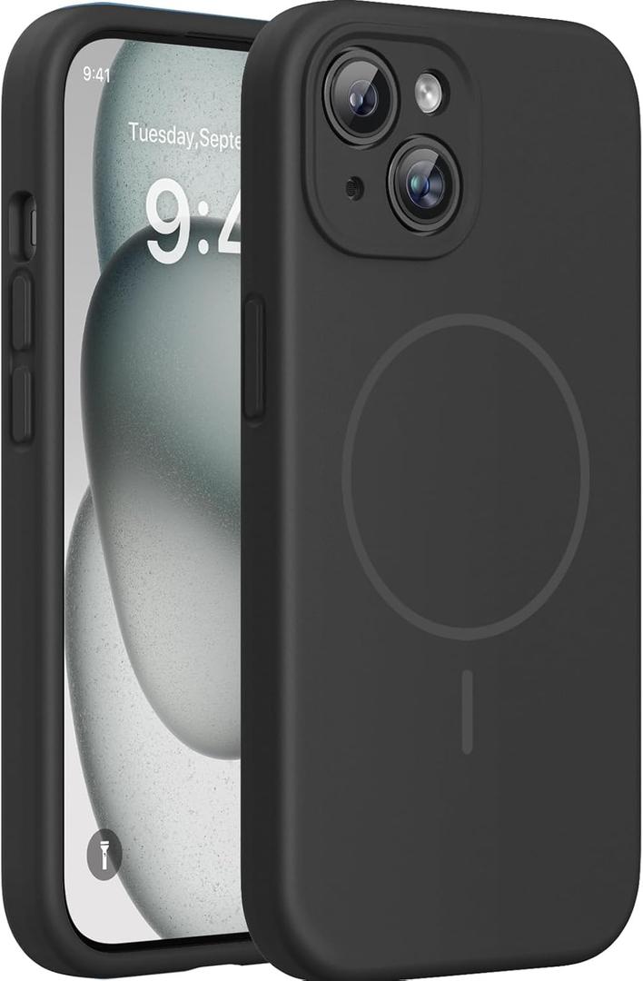 Miracase Magnetic for iPhone 15 Case, [Soft Anti-Scratch Microfiber Lining], Compatible with MagSafe, Liquid Silicone Case Shockproof Drop Protection Phone Case for 15, Black Magnetic