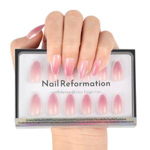 Nail Reformation Press On Nails, Plum Perfect | Pink Ombre Short Almond Fake Nails with Velvet Cat Eye in Glossy Finish, Reusable Stick On Nails in 16 Sizes - 32 False Neutral Nail Kit for Women Gifts