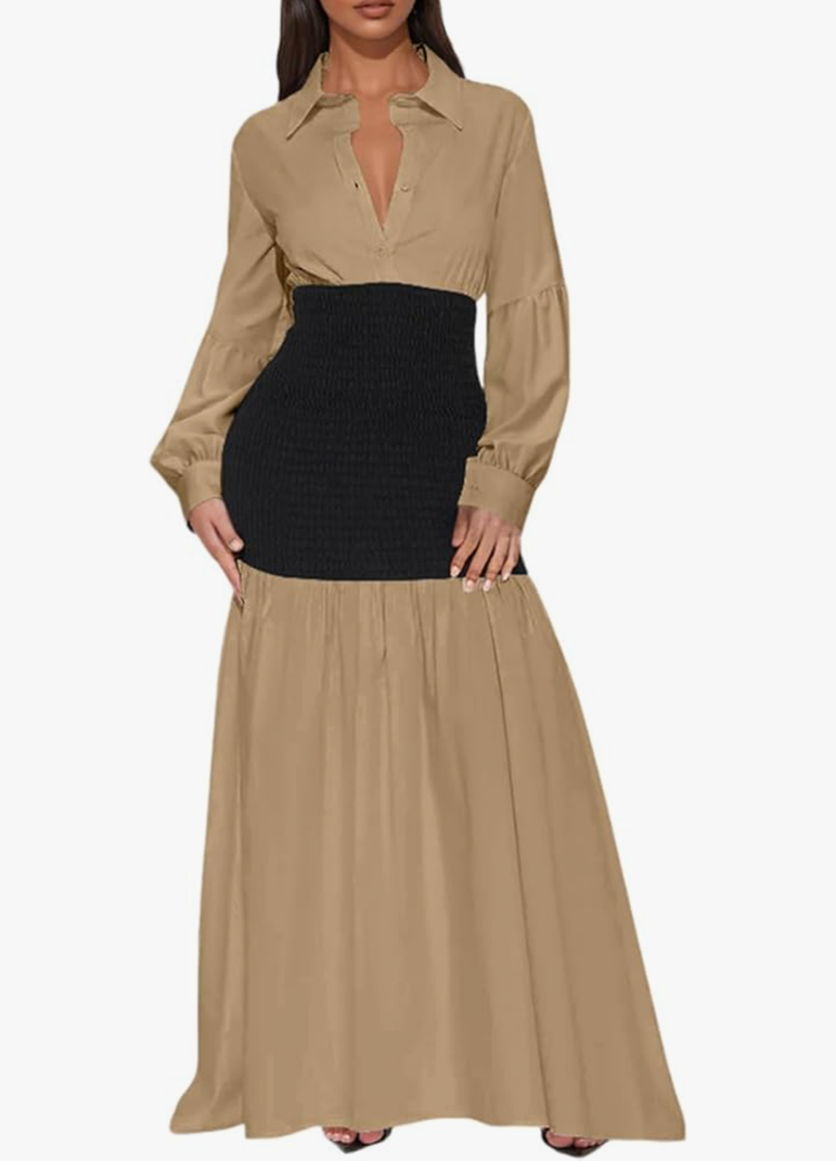 Ekaliy Women's Puff Long Sleeve Shirt Dress Elegant Button Down Loose Swing Party Maxi Dress Size L