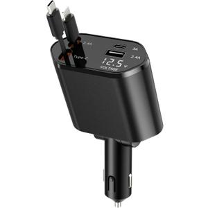 Retractable Car Charger, 4 in 1 Fast Charging with USB-C & USB-A, Compatible with iPhone 17/16/15/14/13/12/11,Galaxy,Pixel,Samsung, Anniversary Birthday Gifts for Men Women,Black