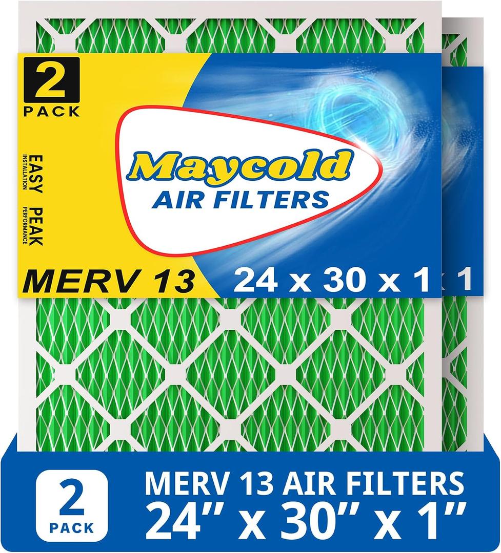 Maycold 24x30x1 MERV 13 Furnace Air Filter (2-Pack), High-Performance HVAC AC Filters for Home Use, Actual Size: 23.7" x 29.7" x 0.75", Individually Wrapped in Plastic