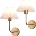 Wall Sconces Sets of 2, White Pleated Fabric lampshade, Brushed Gold Wall Lamp Curved Wall Lighting Bathroom Dresser Hardwired sconces wall decor Fixture Applicable to Living Room Bedroom Dining Room (14.33 inches)