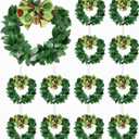Syhood 12 Pcs Mini Christmas Wreaths for Cabinets with Gold Bells Small Kitchen Xmas Decor Christmas Cabinet Wreaths Ornament for Kitchen Chair Fireplace Farmhouse Home Decor(3.15 Inch,Green Bowknot)