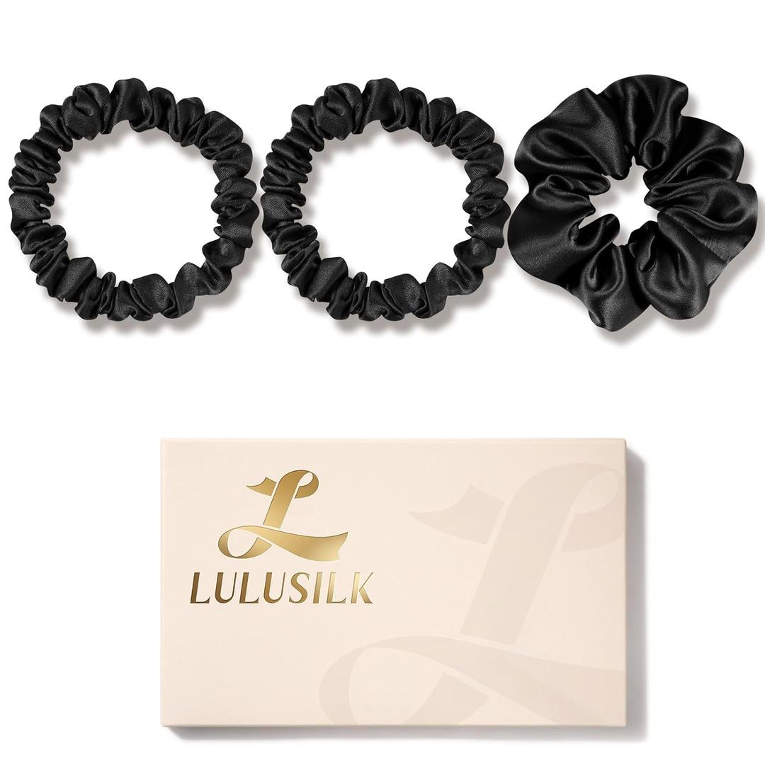 LULUSILK Black Silk Scrunchies for Hair Sleep, 100% Real Mulberry Silk, No Damage Hair Ties for Women and Girls, Pack of 3