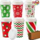 JOYIN 72 PCS Christmas Disposable Party Paper Cups, 16 oz Merry Christmas Coffee Cups With Sleeves and Lids, 6 Designs Xmas Tea Drinkware, Beverages Tableware Holiday Supplies Favors