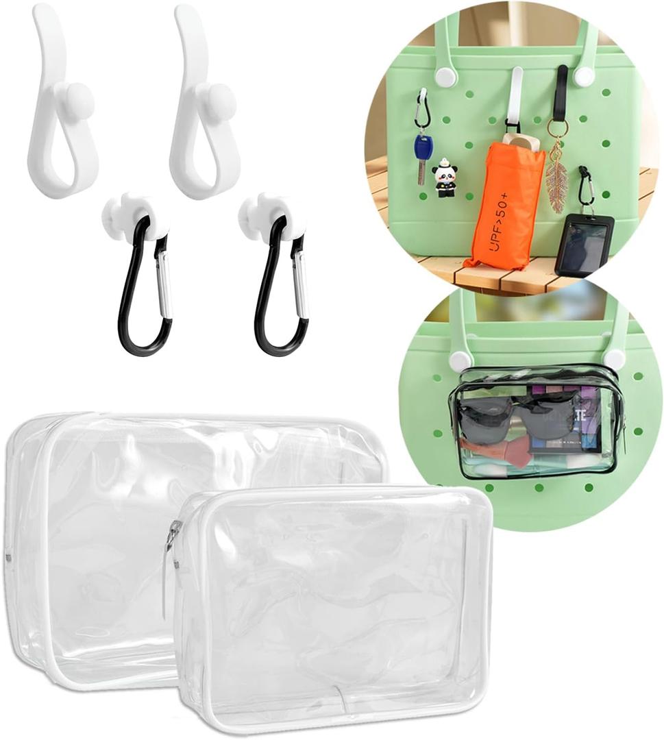 Trendy Beach Bag Accessories Set For Bogg Bag, Phone Storage Bag, 6Pcs Hooks, 2Packs Clear Bags, (White) Trendy Beach Bag Accessories Set For Bogg Bag, Phone Storage Bag, 6Pcs Hooks, 2Packs Clear Bags, (White)