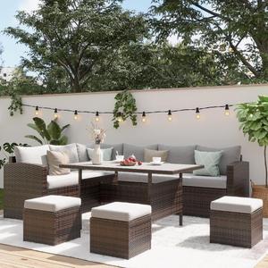 Wisteria Lane 7 Piece Patio Furniture Set, Wicker Patio Sectional with Wide Armrest, All Weather Outdoor Dining Set, Outdoor Furniture Patio Conversation Set with Ottoman, Grey