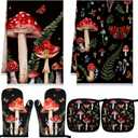 Bencailor 6 Pcs Mushroom Kitchen Towels Oven Mitts and Pot Holders Set Decorative Dish Towels Tea Washcloth Non Slip Heat Resistant Oven Gloves for Summer Home Cooking Baking, Red