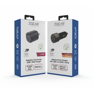 Z Gear USB-C Fast Wall Charger - 20 Watts and ZGear - Quick Charge 3.0 Car Charger - 45 Watts