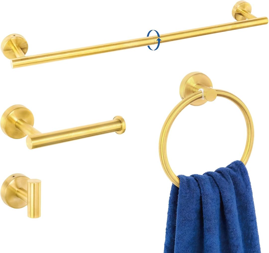 HOMOTEK 4 Pieces Bathroom Accessories Hardware Set, 24 inch Towel Bar, Towel Ring, Robe Hook, Toilet Paper Holder, Stainless Steel Rack Kit Wall Mounted, Gold (1 Pack)