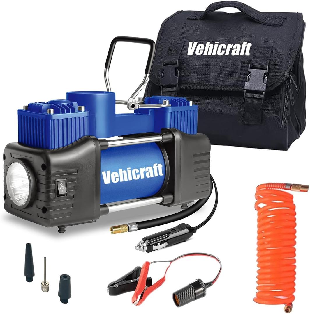 Blue Tire Inflator Portable Air Compressor, Heavy Duty Double Cylinders Auto Pump, 12V Portable Air Compressor Pump with Emergency LED Light - 150PSI Tire Pump, Apply to Car, SUV, RV