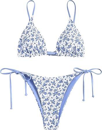ZAFUL Women's Triangle Bikini Floral String Bikini Set Two Piece Swimsuit Bathing Suits (2-Flag, Blue and White, S)