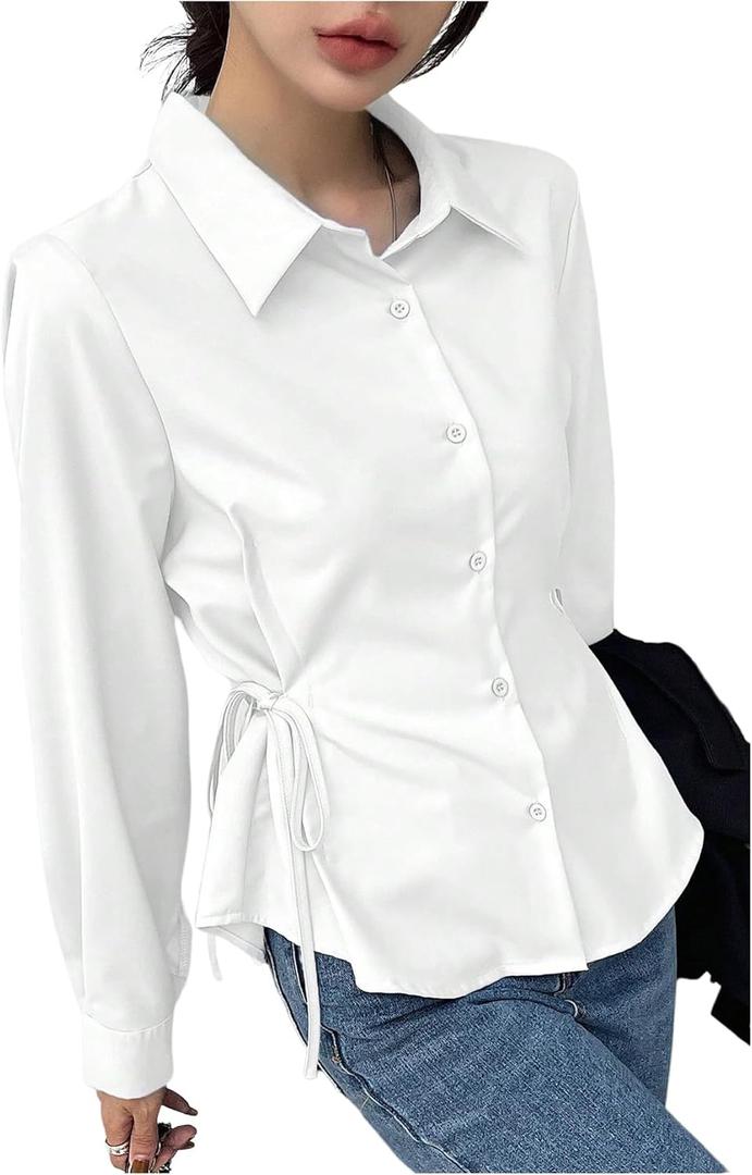 SweatyRocks Women's Button Down Long Sleeve Blouse Side Drawstring Shirt Work Business Tops (Medium, White)