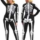Skeleton Costume Women Front and Back Print Skeletons Sexy Form Fitting Bodysuit for Halloween (Large)