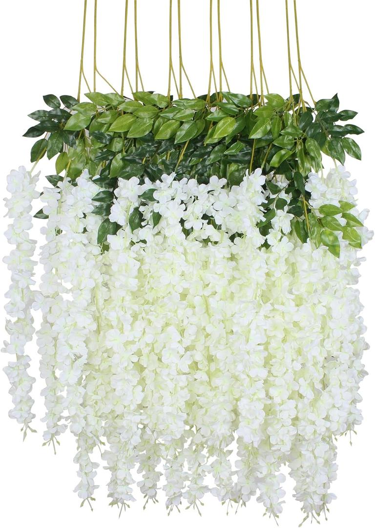 Duovlo 12 Piece Artificial Silk Wisteria Vine 3.6 Feet Ratta Hanging Flower Garland String Home Party Wedding Decor (White)