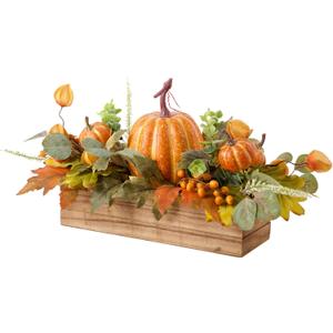 Fall Decor - Faux Pumpkins & Maple Leaves in Wood Box for Table Centerpiece, Shelf, Mantel, Window Sill Decor - Autumn Thanksgiving Arrangement for Home Indoor Outdoor - 14 inch