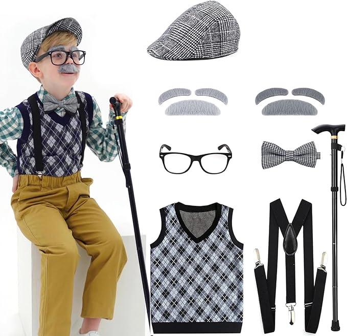 Kids 100 Days of School Costume for Boys - Halloween Old Man Costume Hat Glasses and Grandpa Vest Set for Child