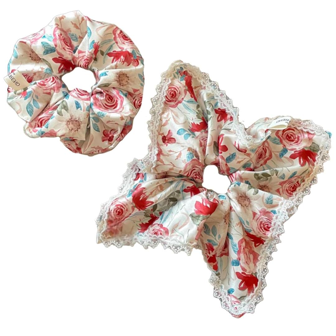 2 Pack Vintage Floral Square Hair Scrunchies for Women Girls, Oil Painting Style Large Scrunchies Hair Ties, Cottage Core Buns Ponytail Holders for Wedding Party (Red Rose)
