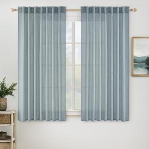 MIULEE Dusty Blue Short Linen Curtains 45 Inch Length 2 Panels for Kitchen Bedroom Bathroom, Soft Thick Linen Textured Basement Window Drapes Semi Sheer Light Filtering Back Tab Burlap Look Decor