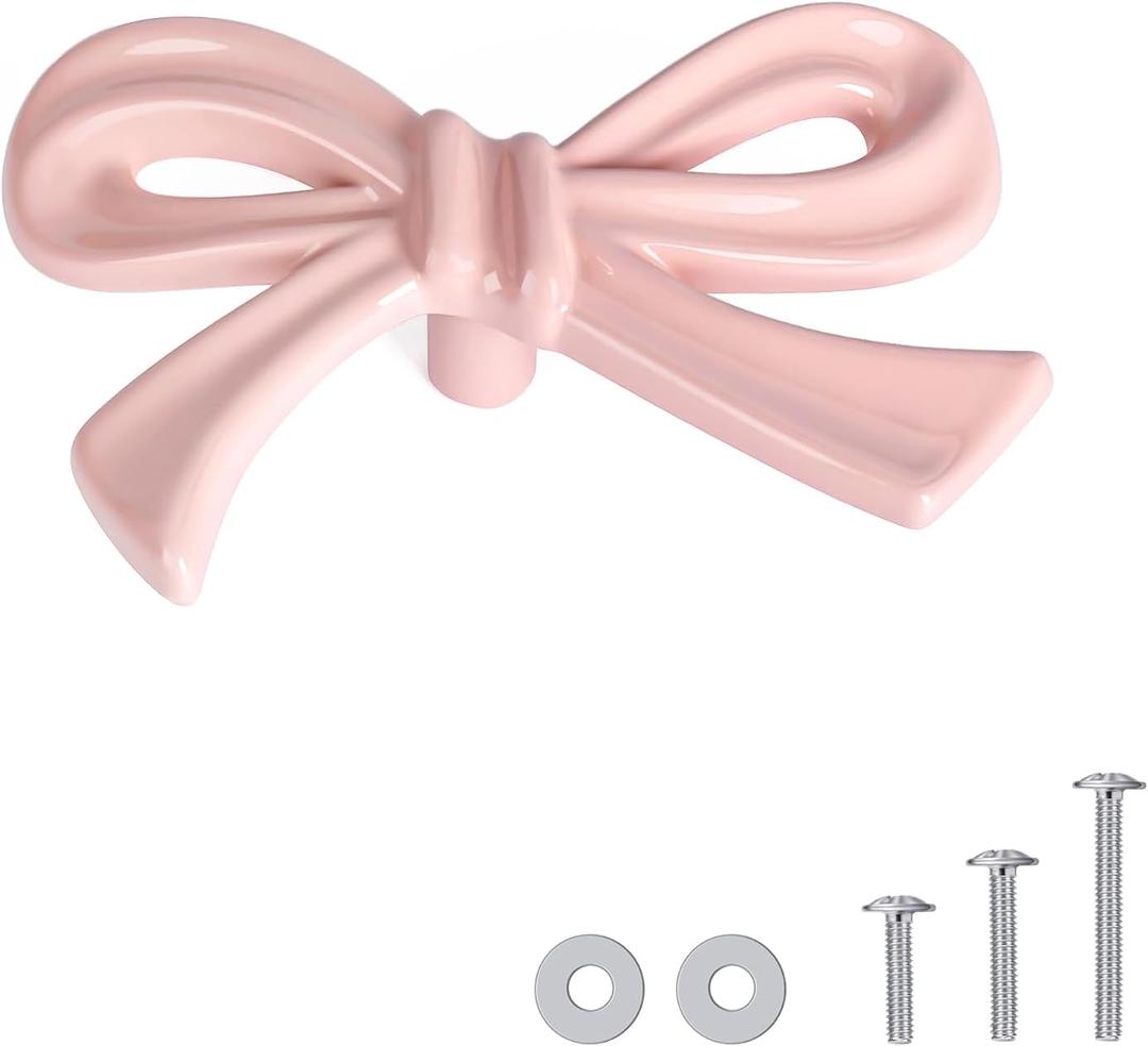 8 Pack Pink Bow Dresser Knobs, Small Decorative Cabinet Drawer Pull Handles for Girls Bedroom and Nursery Room Decor